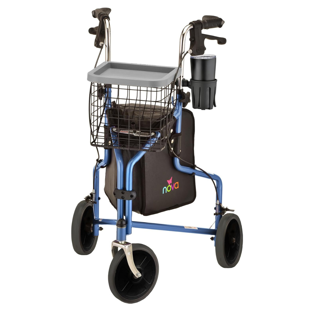 The Nova Medical 4900 Traveler 3 Wheel Rollator Walker features all-terrain 8” wheels, a wire basket, a gray top tray, a black storage pouch, and a cup holder on the handle for extra convenience.
